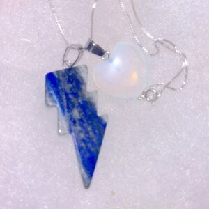 Opal Heart and Natural Lapis Lazuli Lightning Bolt Sterling Silver 16” Necklace